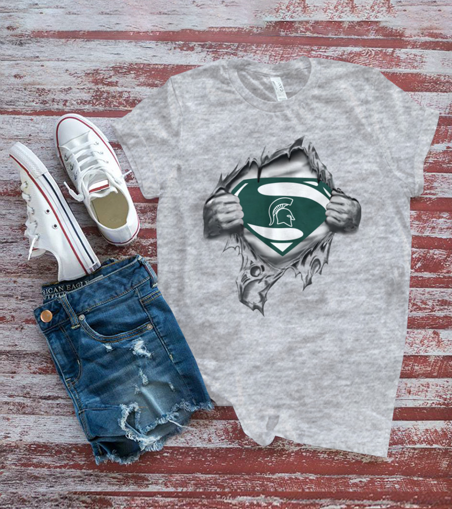 Michigan State Spartans Logo Superman Shield Pulled Open Hands T-Shirt