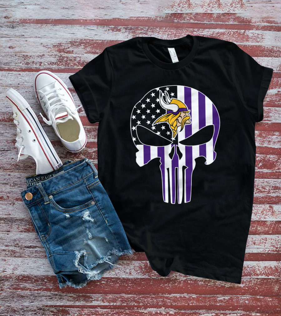 Minnesota Vikings Punisher American Flag Skull T-Shirt