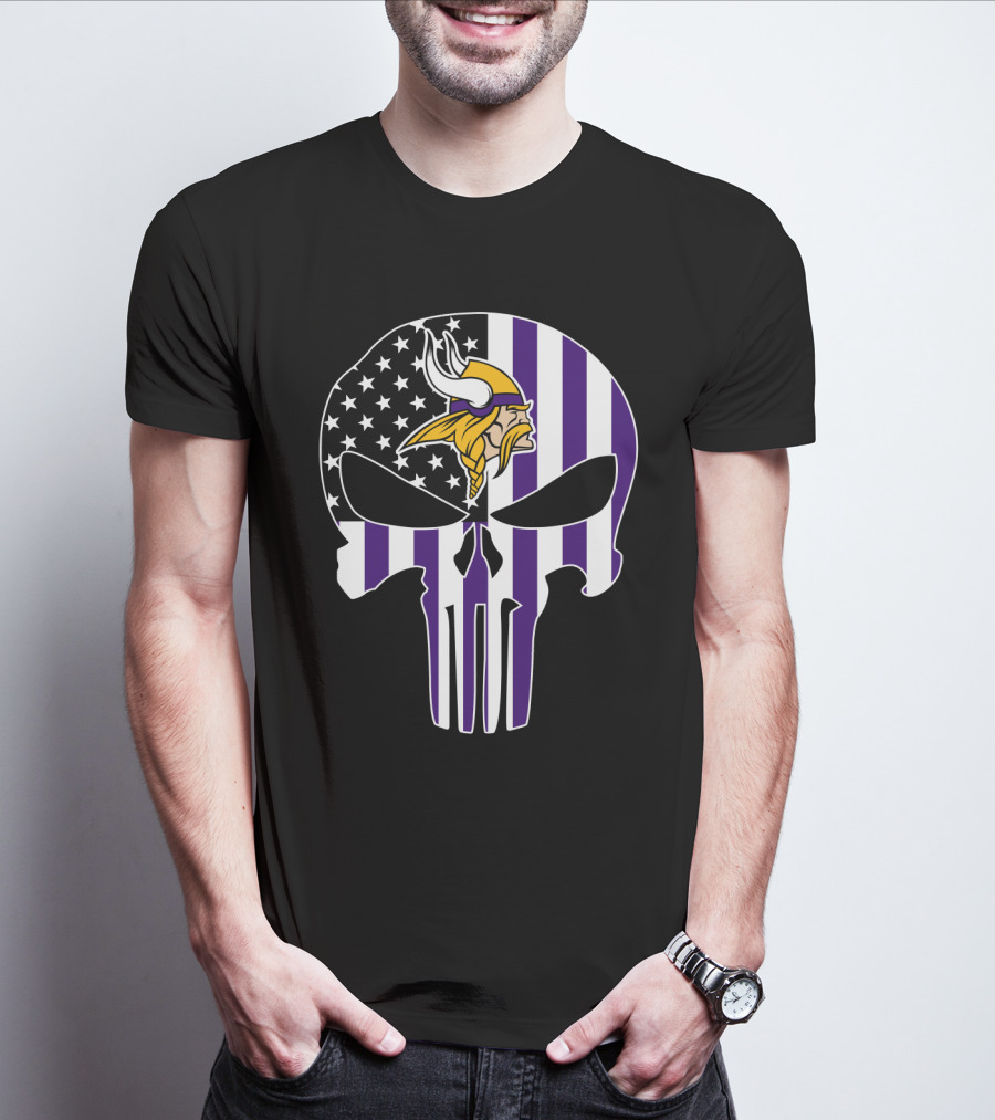 Minnesota Vikings Punisher American Flag Skull T-Shirt