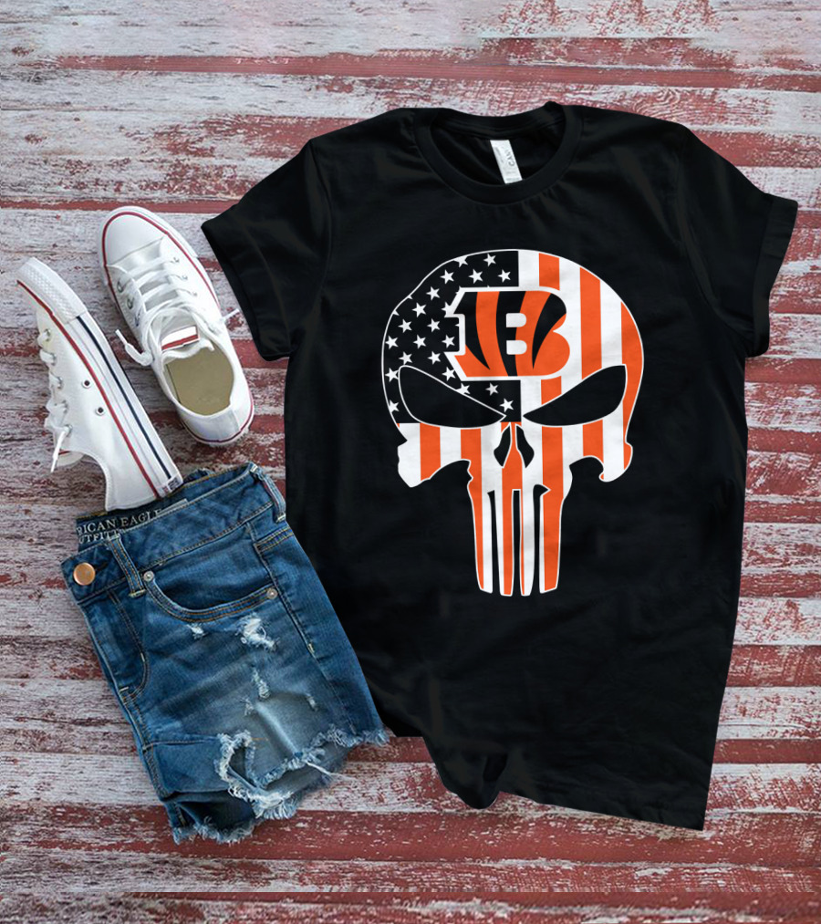 Bengals Skull American Flag Stripes T-Shirt