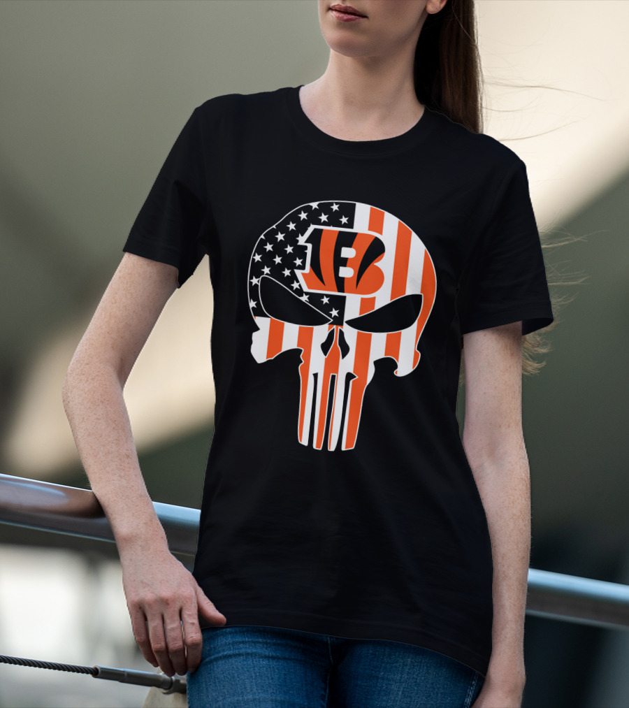 Bengals Skull American Flag Stripes T-Shirt