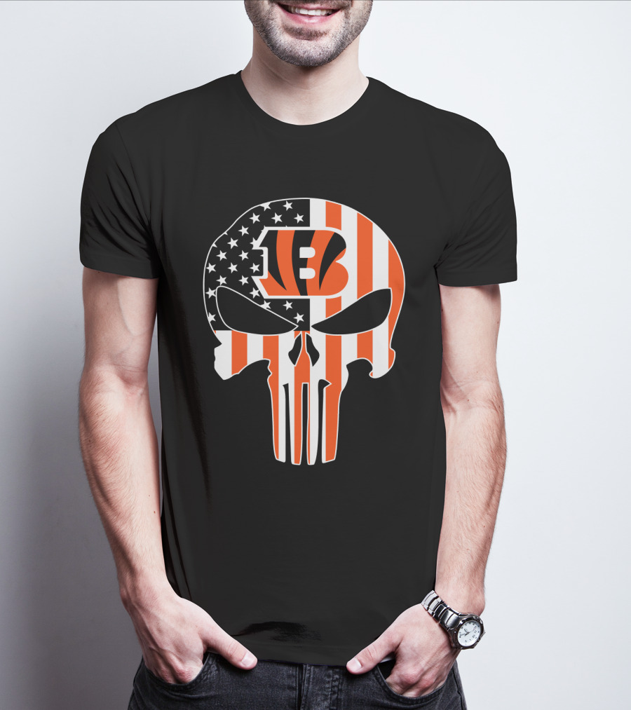 Bengals Skull American Flag Stripes T-Shirt