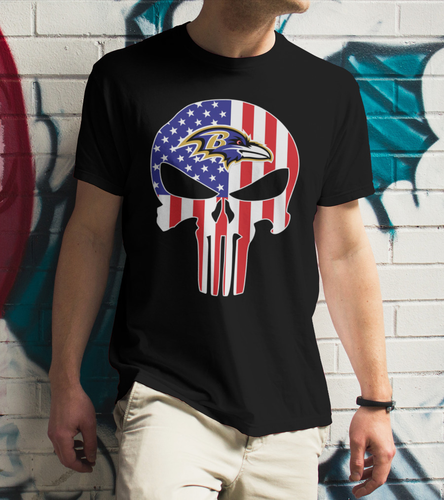 Ravens Skull American Flag Punisher Style T-Shirt