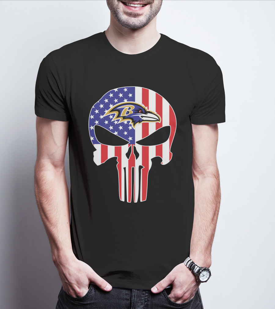 Ravens Skull American Flag Punisher Style T-Shirt