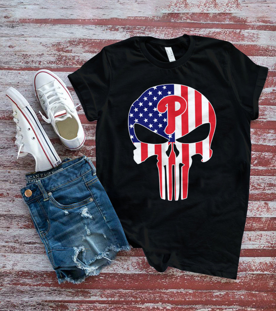 Phillies American Flag Punisher Style Skull T-Shirt