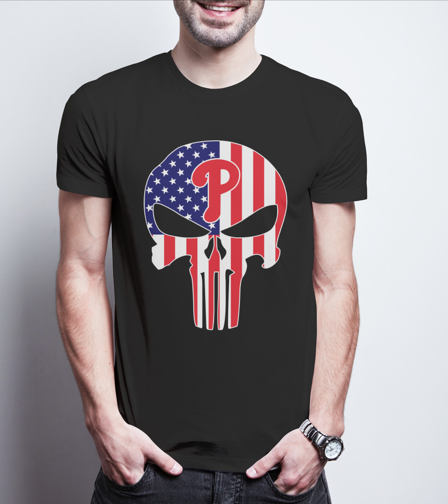 Phillies American Flag Punisher Style Skull T-Shirt