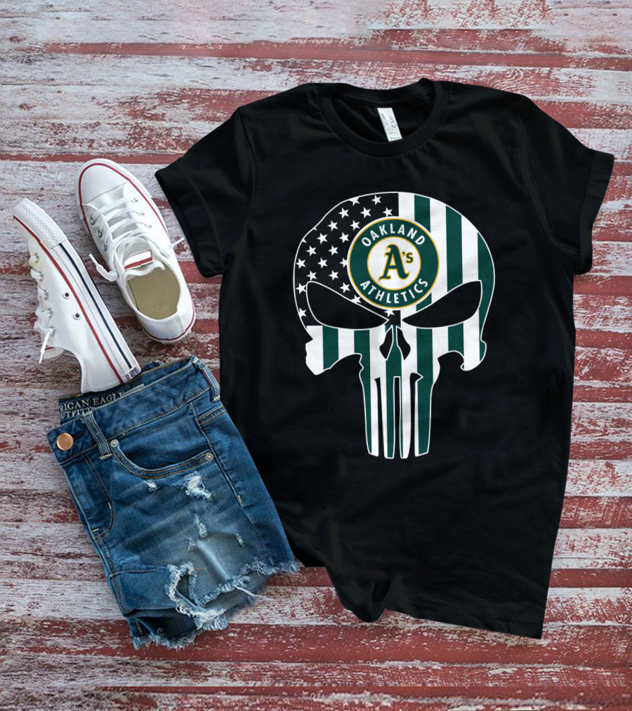Oakland Athletics A's Skull American Flag T-Shirt