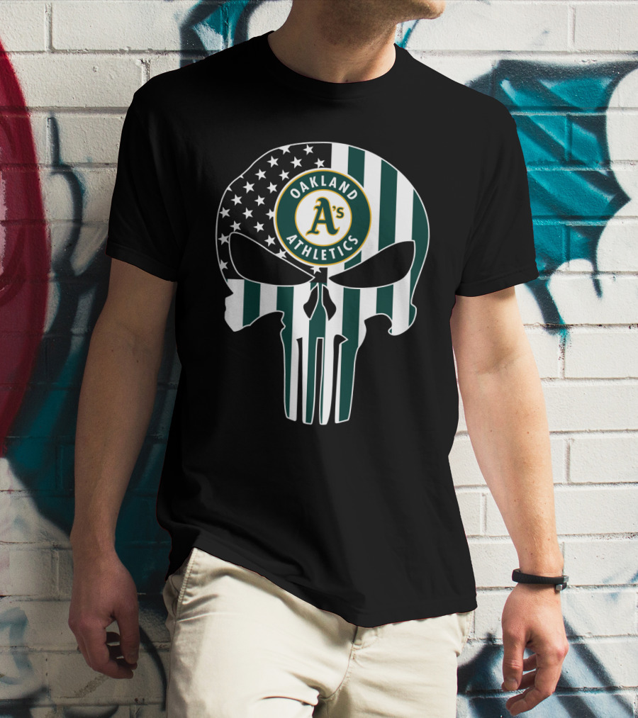 Oakland Athletics A's Skull American Flag T-Shirt