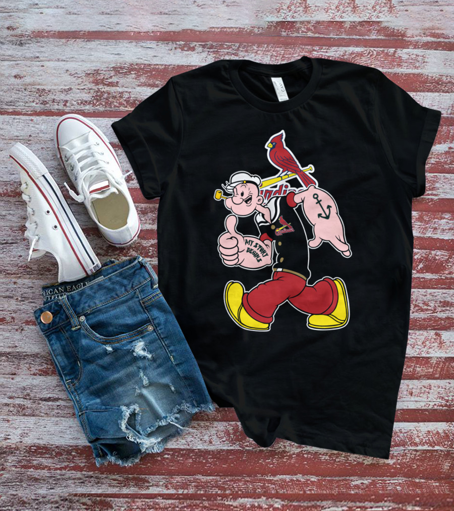 Popeye Thumbs Up With St. Louis Cardinals Logo And Cardinal Bird On Bat T-Shirt