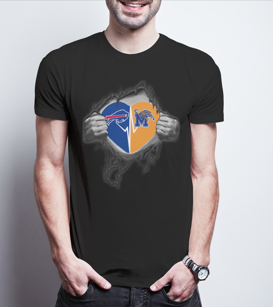 Buffalo Bills Heart Memphis Tigers Logo Fan Collaboration T-Shirt