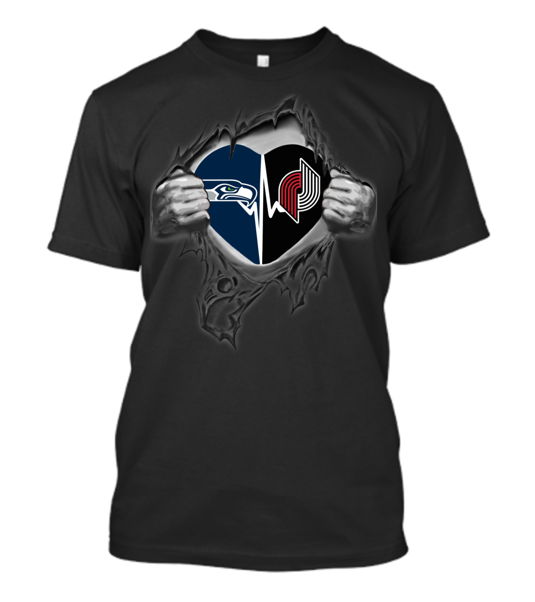 Seahawks Blazers Heart Design Featuring Iconic Logos Torn T-Shirt