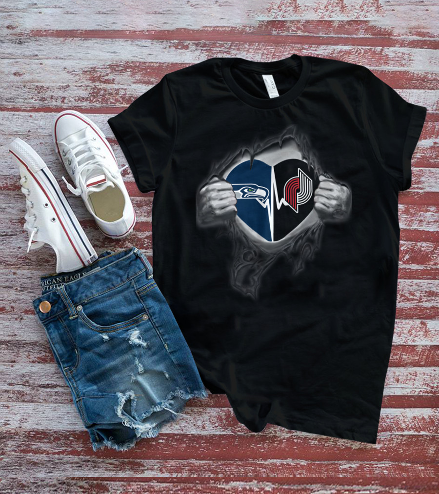 Seahawks Blazers Heart Design Featuring Iconic Logos Torn T-Shirt