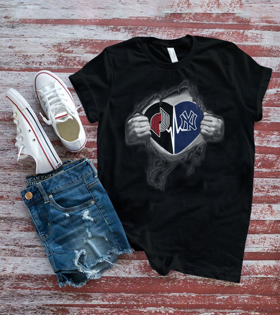 Heart Split Yankees Ny Blazers Logo Icons Hands T-Shirt