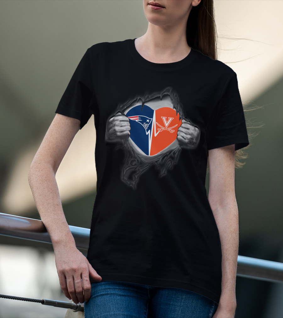 New England Patriots And Virginia Cavaliers Heart Logo Fusion T-Shirt