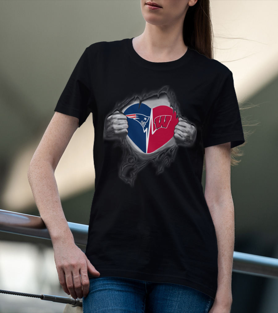 New England Patriots Wisconsin Badgers Heart T-Shirt