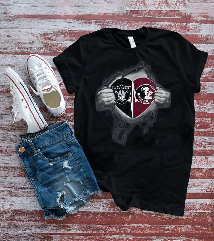 Raiders Seminoles Heartbeat Hidden Symbol Fusion T-Shirt