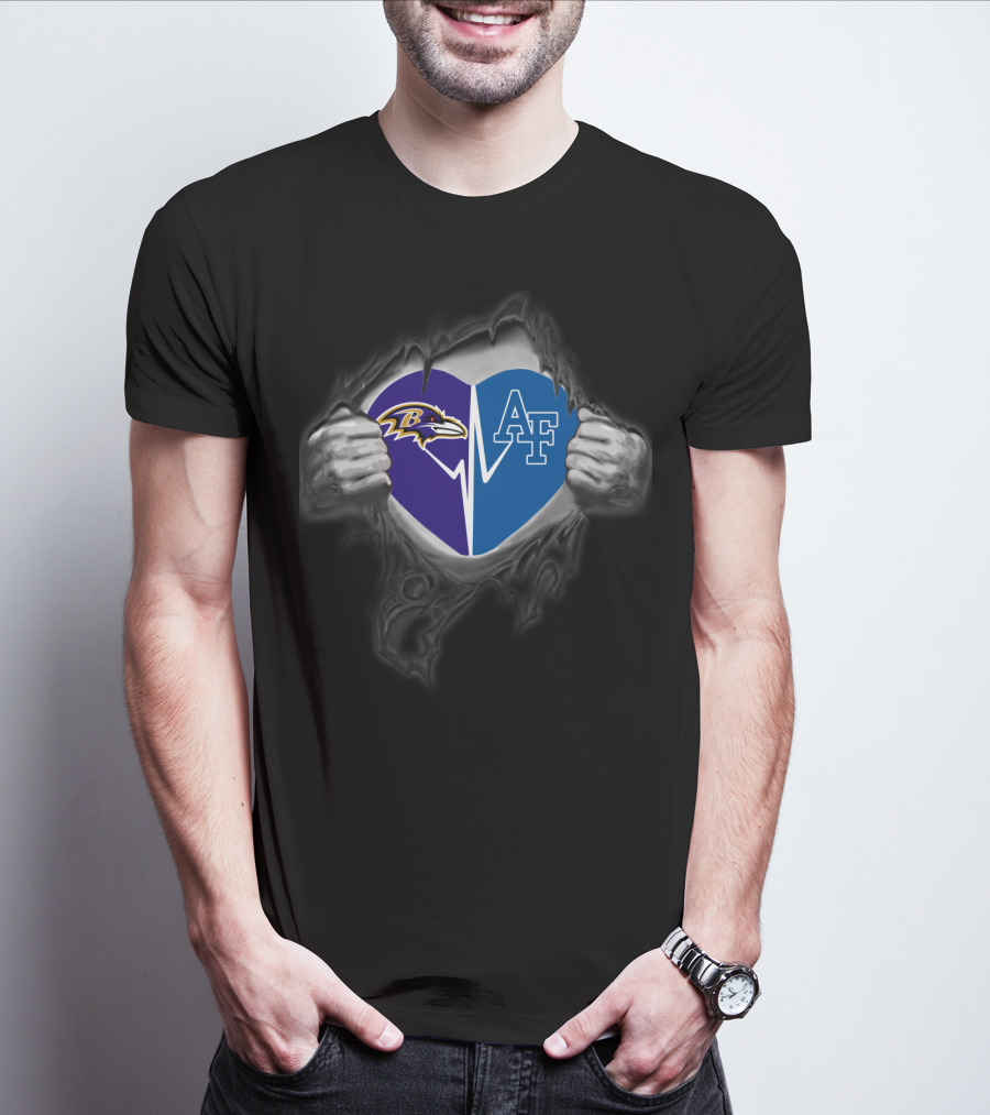 Ravens And Air Force Falcons Heart Design With Torn Fabric Effect T-Shirt