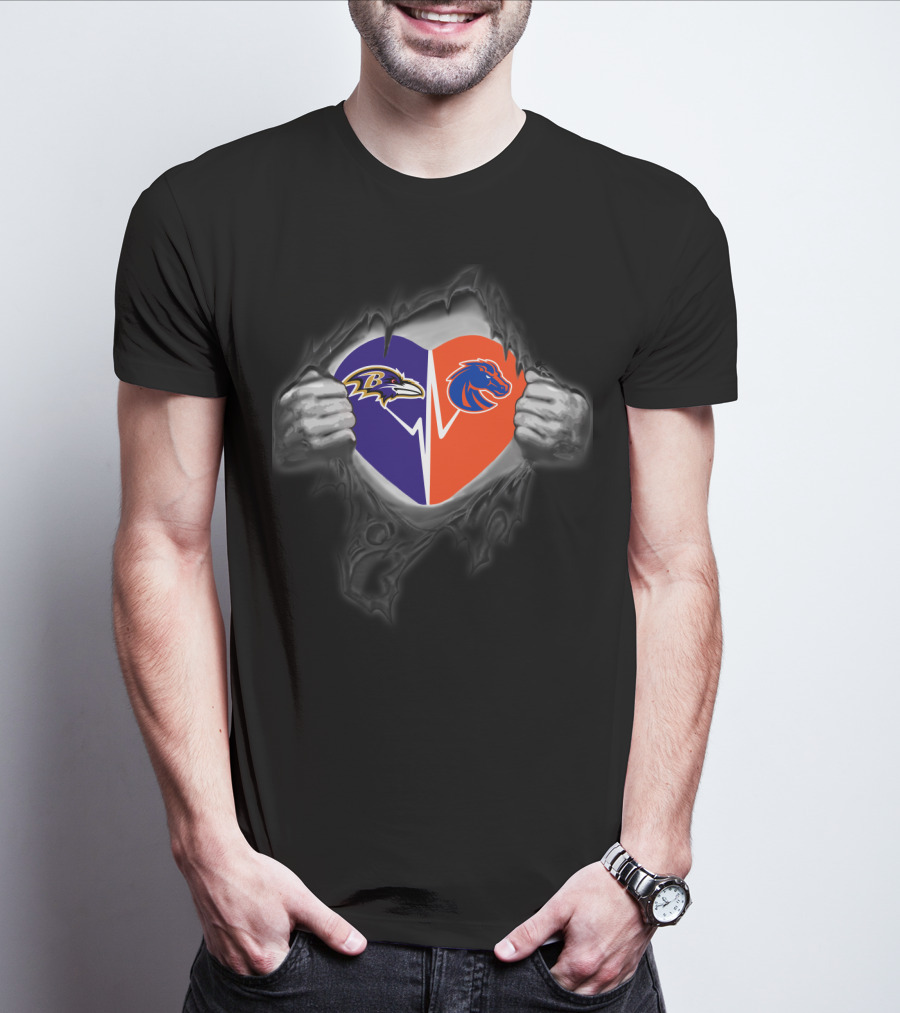 Ravens Boise State Broncos Heart Torn Open T-Shirt