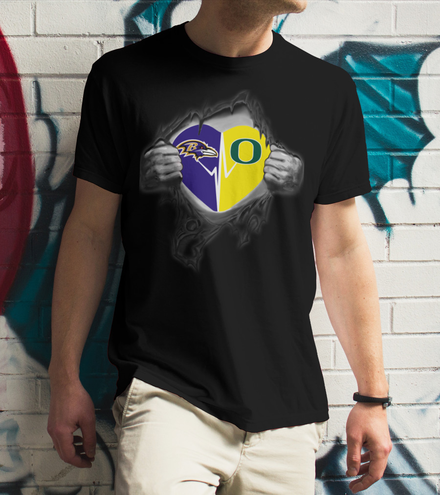 Baltimore Ravens Heart Oregon Ducks Football Loyalty Fusion T-Shirt