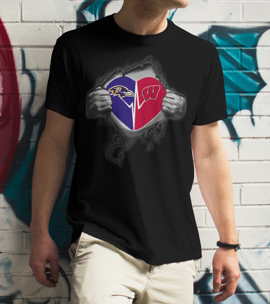 Baltimore Ravens Wisconsin Badgers Heart Logo Fusion T-Shirt