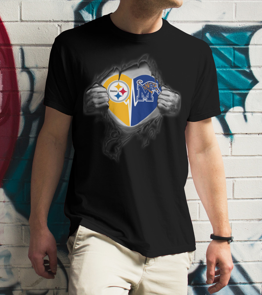 Steelers Memphis Tigers Heart Logo Fusion T-Shirt