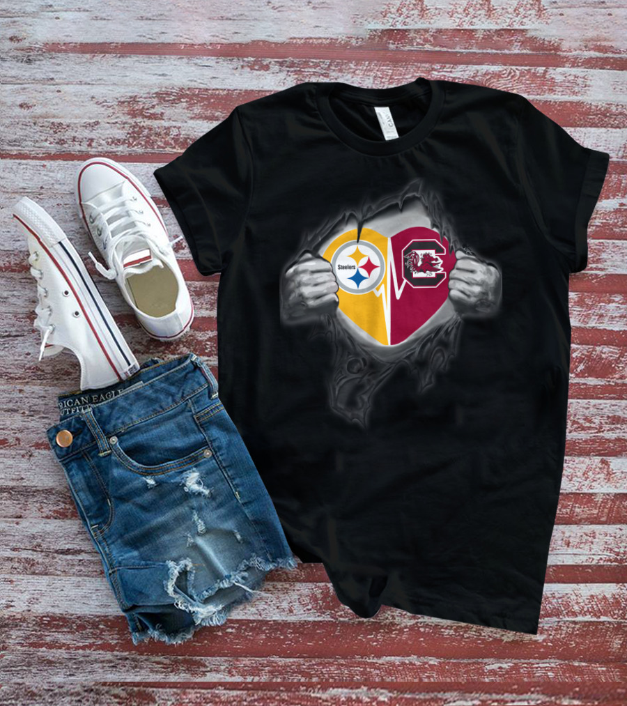 Steelers And South Carolina Gamecocks Heart Design With Ripped Hands Effect T-Shirt