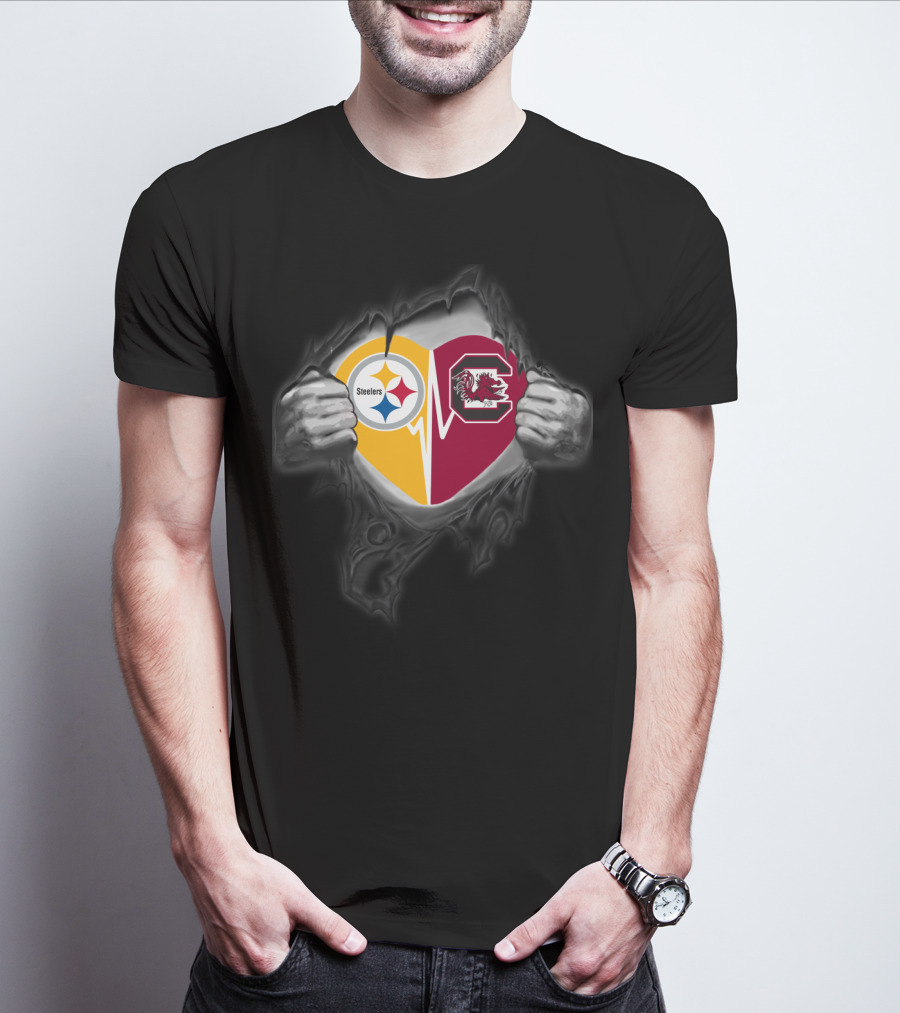 Steelers And South Carolina Gamecocks Heart Design With Ripped Hands Effect T-Shirt