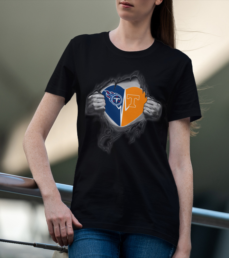 Tennessee Titans Volunteers Heart Logo Torn Fabric T-Shirt