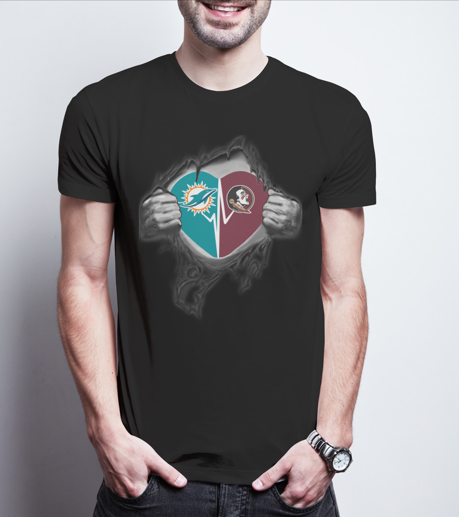Miami Dolphins Florida State Seminoles Heart Logo Collaboration T-Shirt