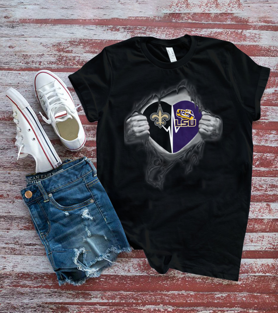 Saints And Lsu Tigers Heart Design With Torn T-Shirt