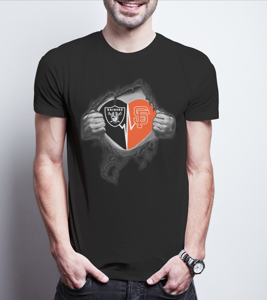 Raiders And San Francisco Giants Heart Symbol Hands Pulling T-Shirt