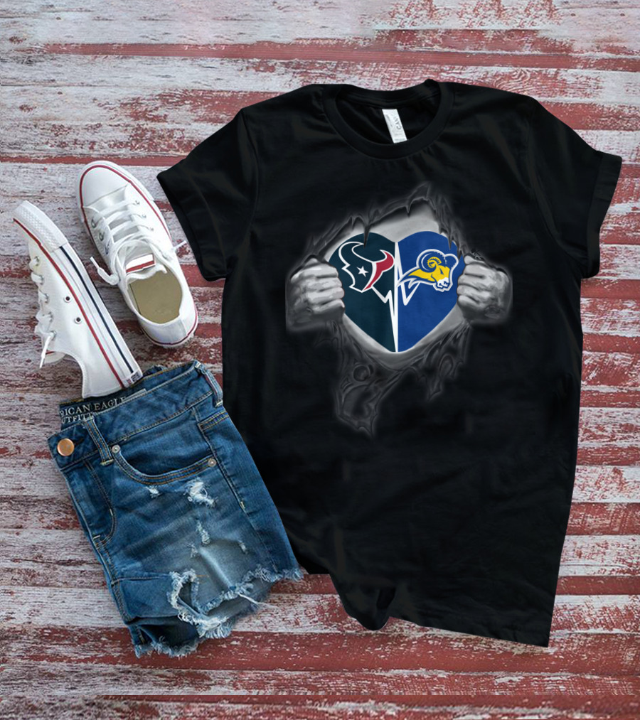 Texans And Texas Wesleyan Rams Logos Inside Heart-Shaped Tear T-Shirt