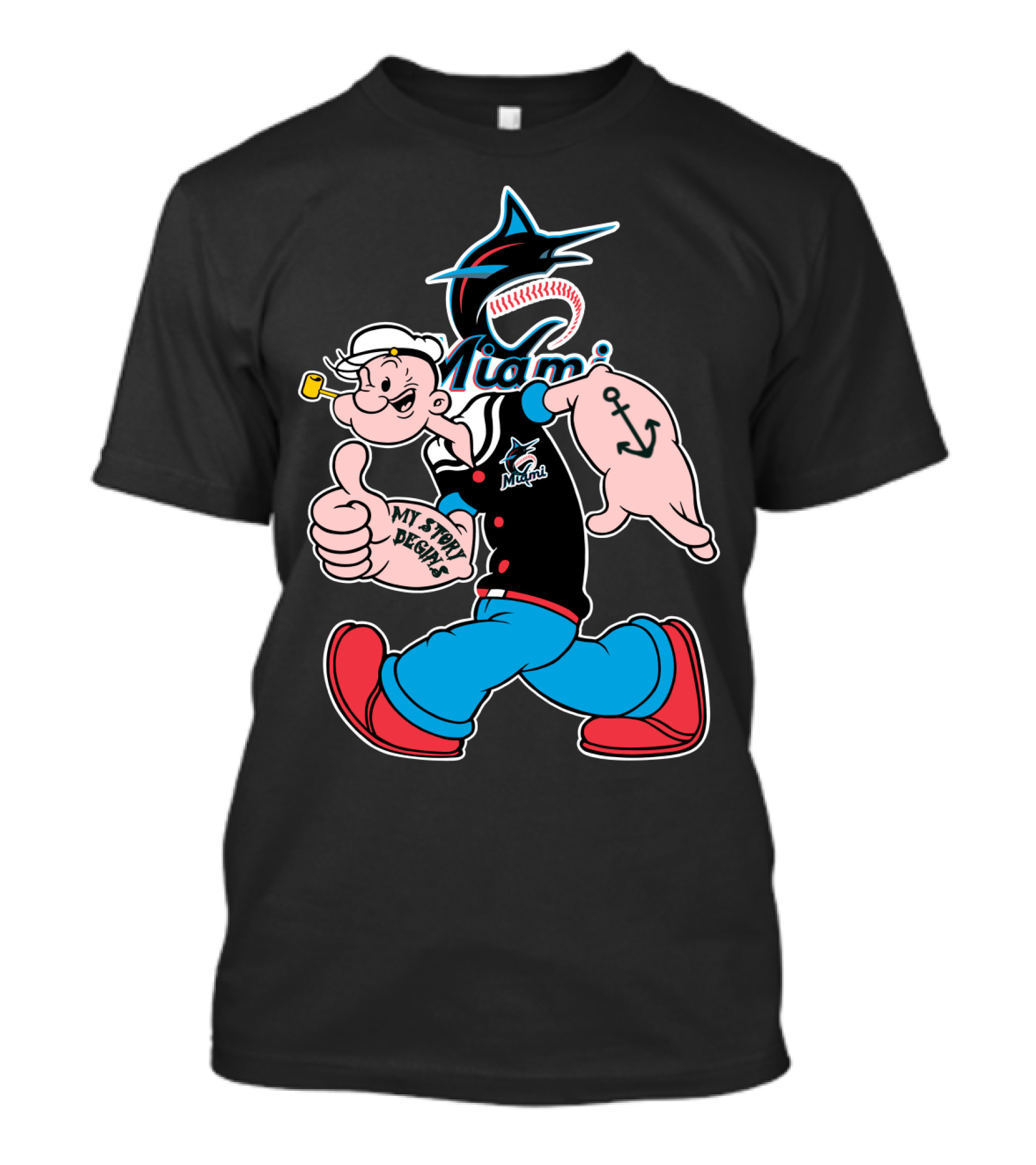 Miami Marlins Popeye Baseball Crossover Mystorydesigns T-Shirt