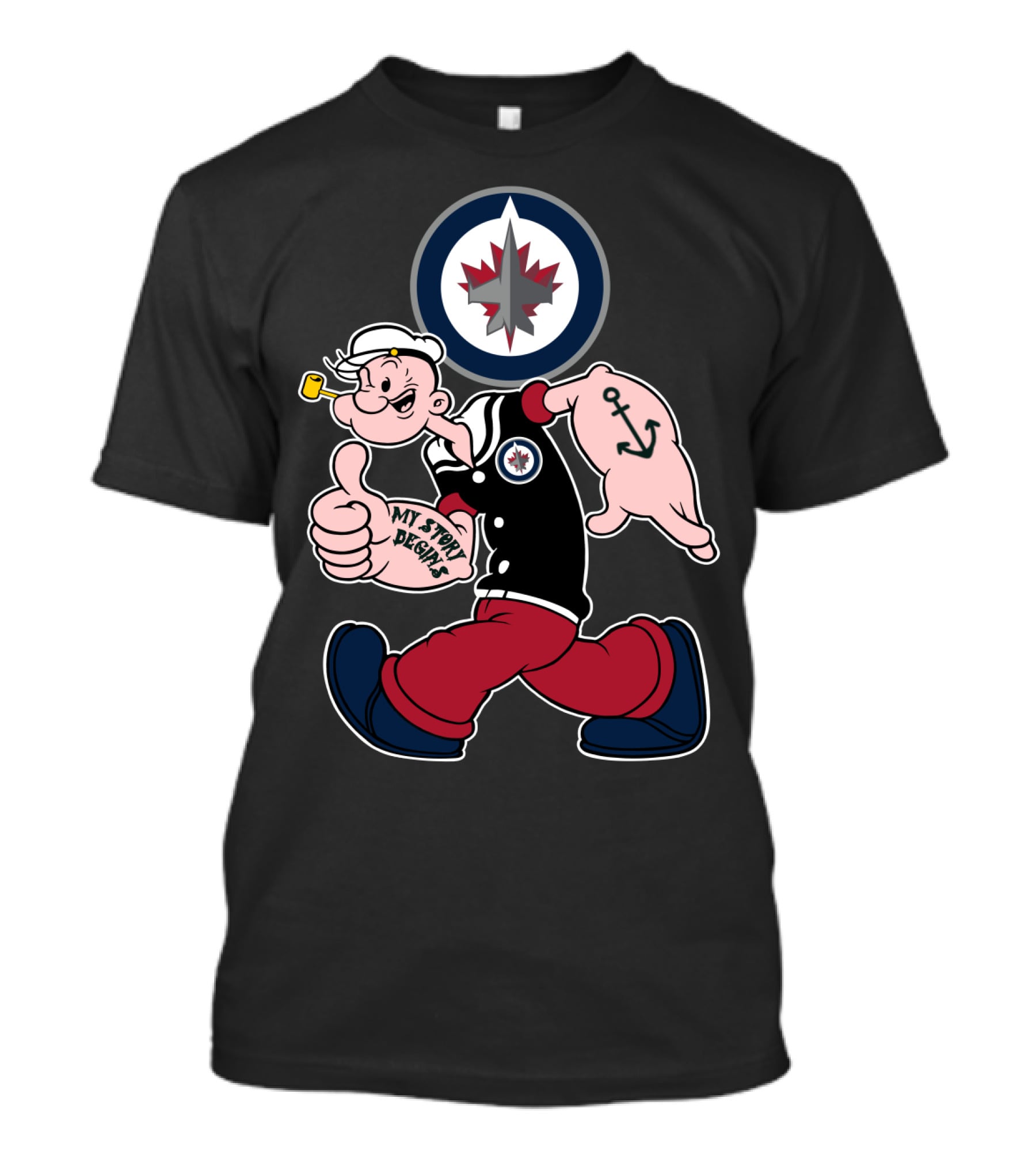 Winnipeg Jets Navy Popeye Walking With Thumbs Up And Anchor Tattoo T-Shirt