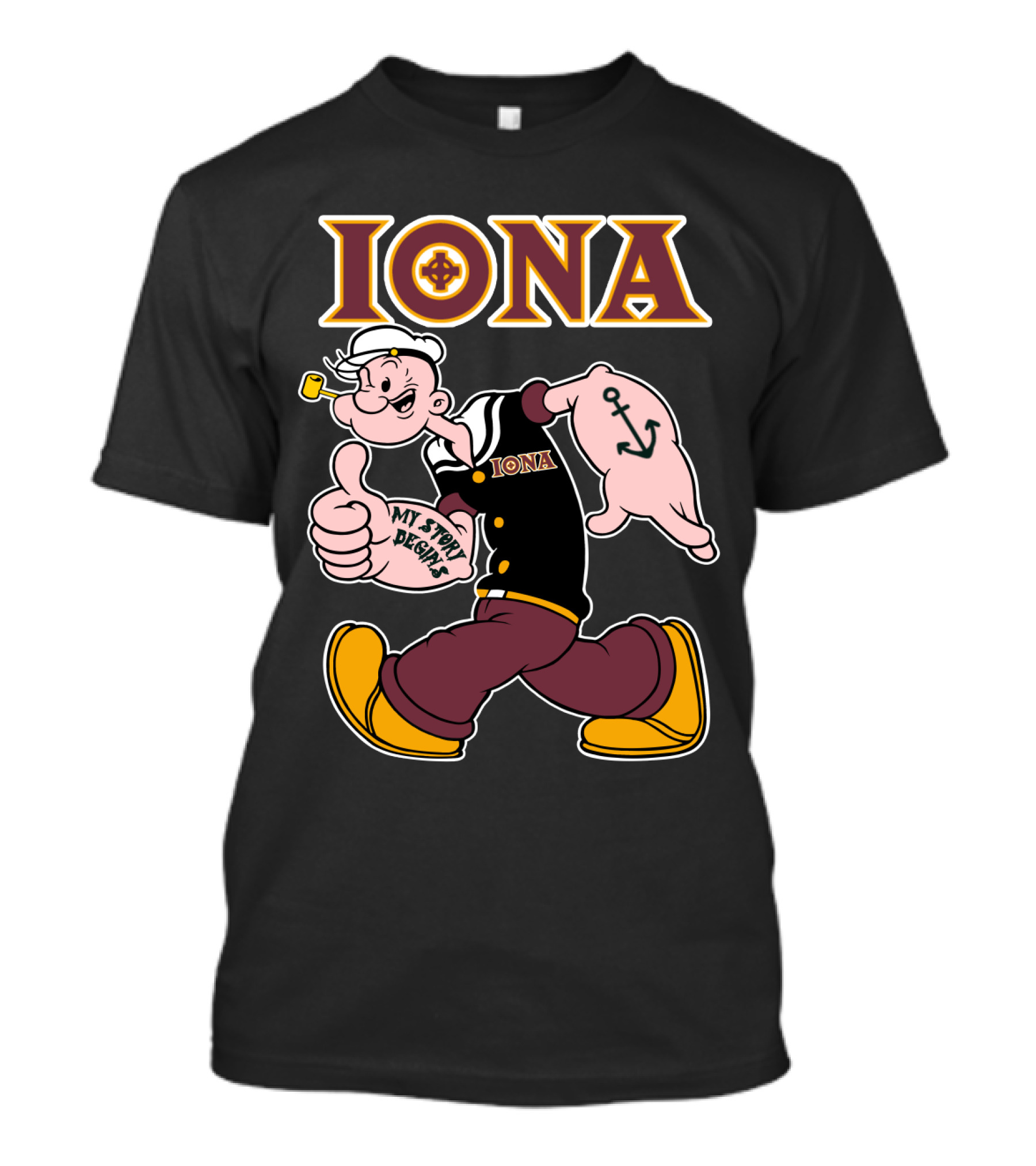 Iona Gaels My Story Begins Sailor Character With Anchor Tattoo T-Shirt