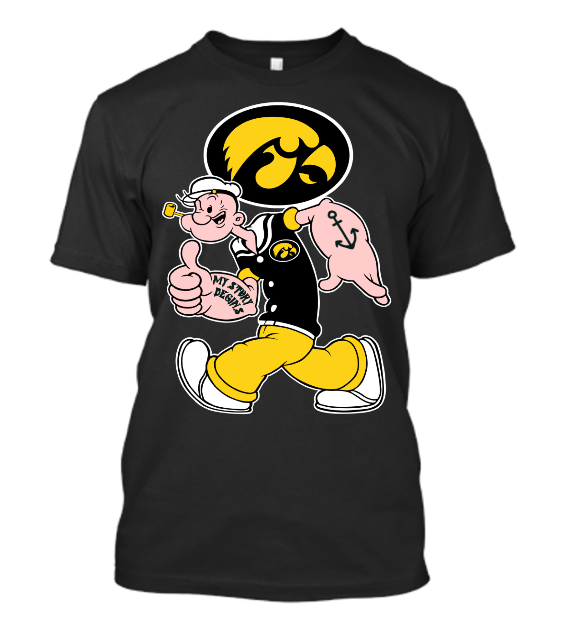 Iowa Hawkeyes My Story Designs Popeye Thumbs Up Anchor Tattoo T-Shirt