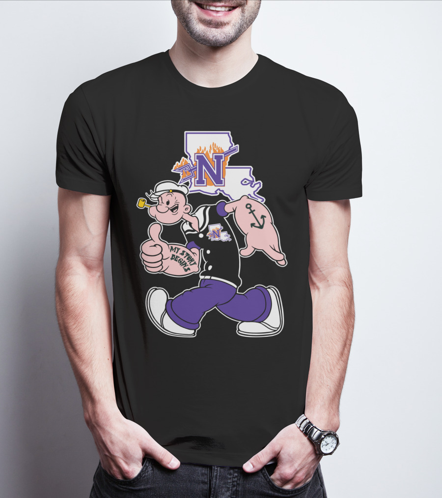 Northwestern State Demons Popeye Graphic With Louisiana State Outline T-Shirt