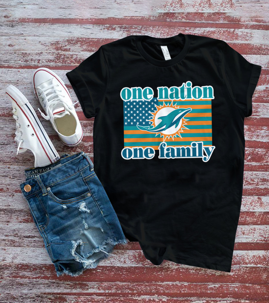 One Nation One Family Miami Dolphins American Flag Logo T-Shirt