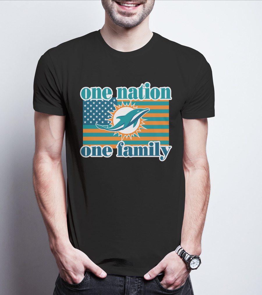One Nation One Family Miami Dolphins American Flag Logo T-Shirt