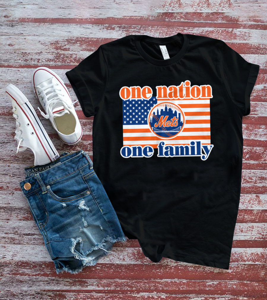 One Nation One Family New York Mets 44 Patriotic American Flag T-Shirt