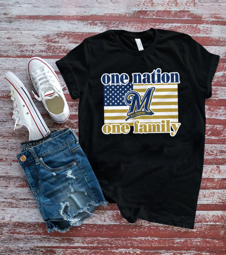 One Nation One Family Milwaukee Brewers 46 American Flag T-Shirt