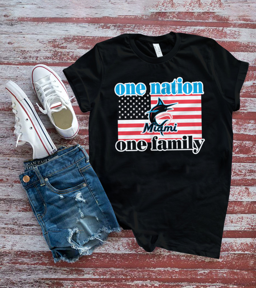 One Nation One Family Miami Marlins American Flag T-Shirt