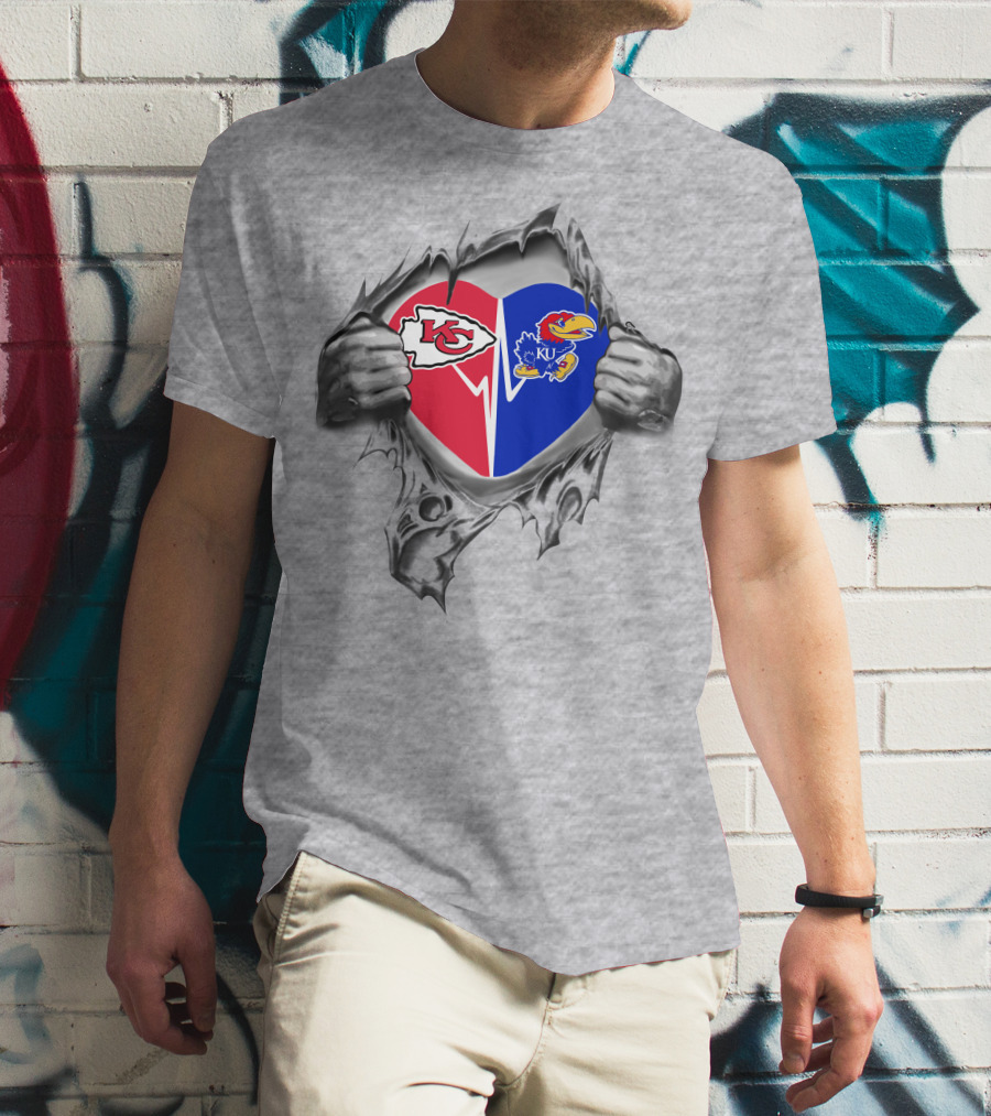 Chiefs Jayhawks Heart With Kansas City Kc And Ku Logos T-Shirt
