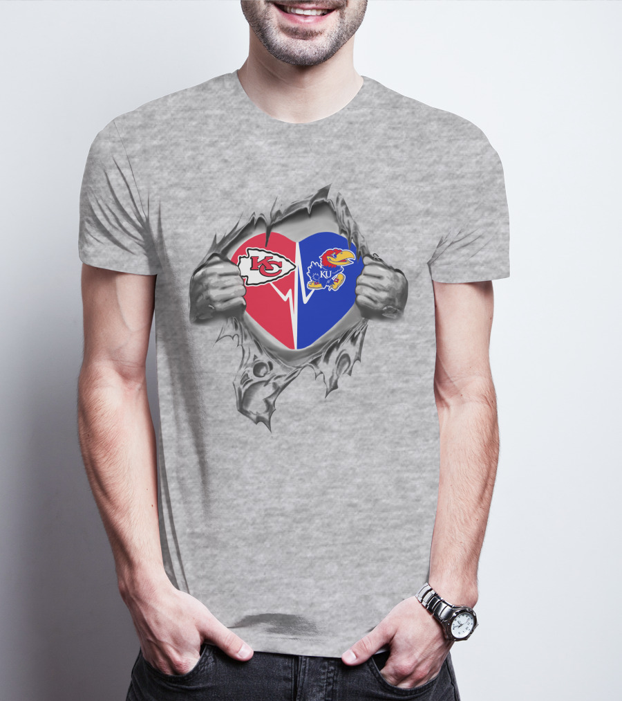 Chiefs Jayhawks Heart With Kansas City Kc And Ku Logos T-Shirt