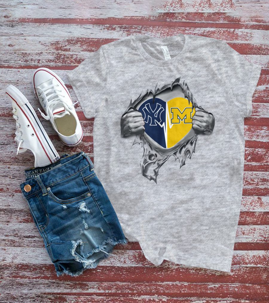 Yankees Wolverines Heart Torn Open Logos T-Shirt