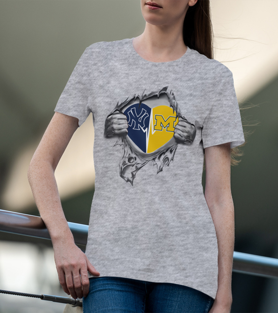 Yankees Wolverines Heart Torn Open Logos T-Shirt