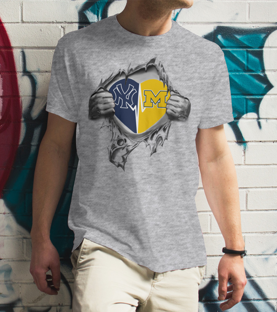 Yankees Wolverines Heart Torn Open Logos T-Shirt