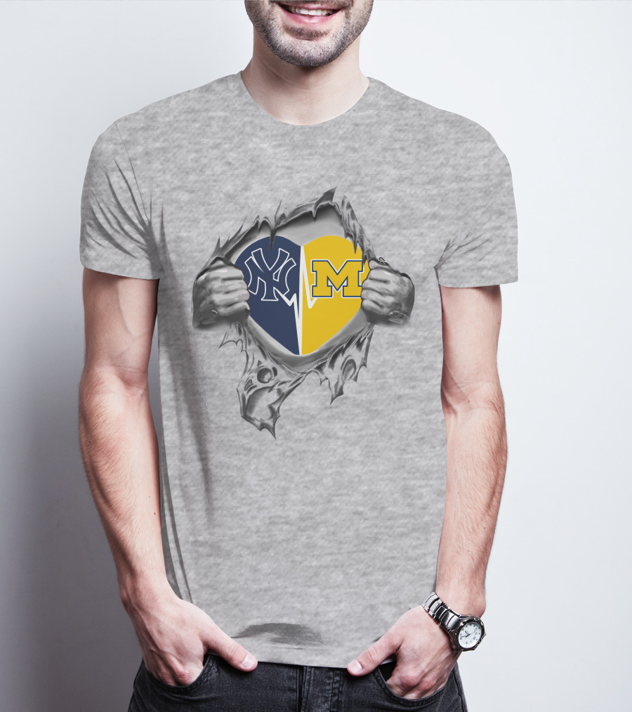 Yankees Wolverines Heart Torn Open Logos T-Shirt