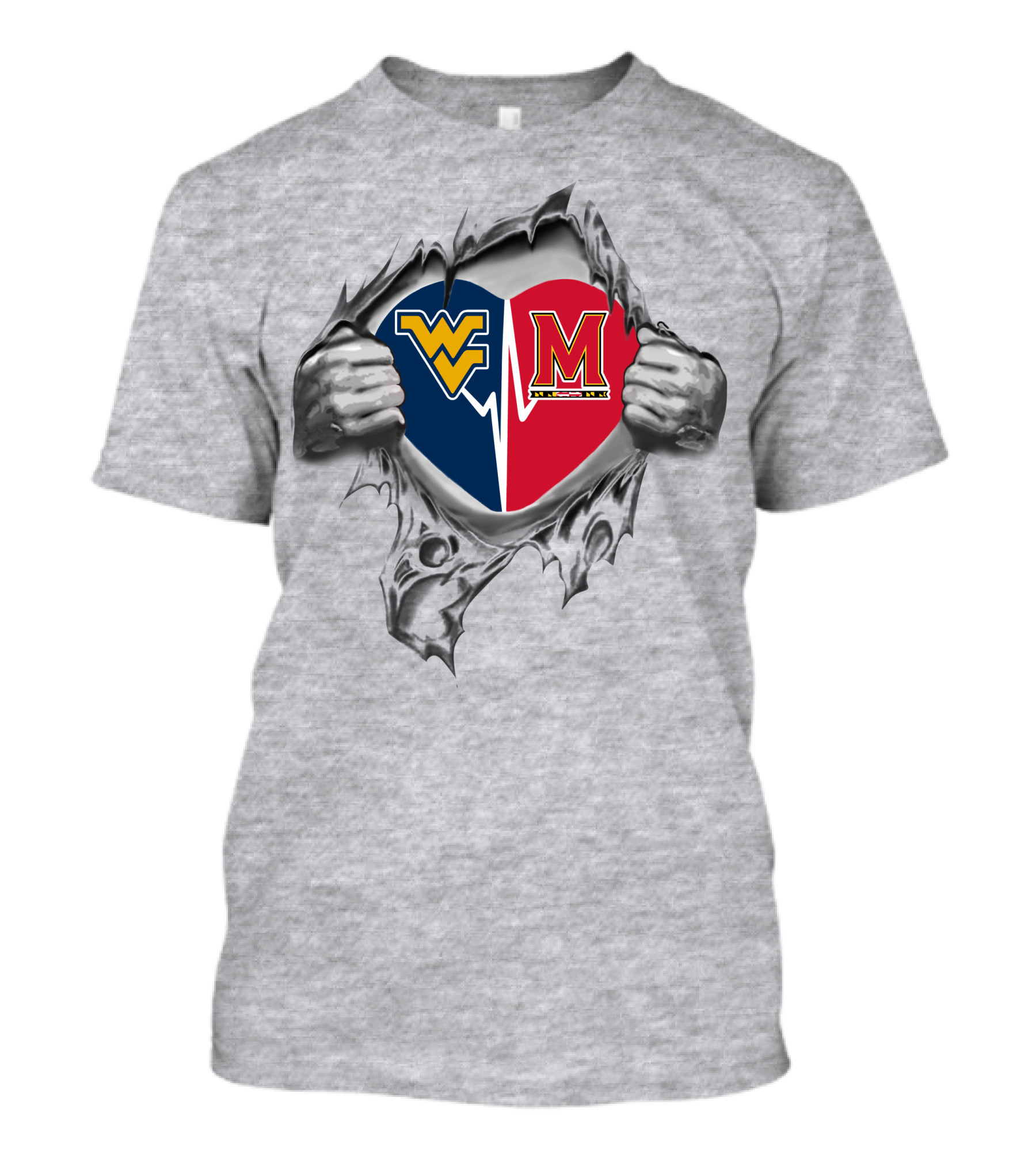 Wvu Vs. Maryland Heart Split With Revealing Metal Hands T-Shirt