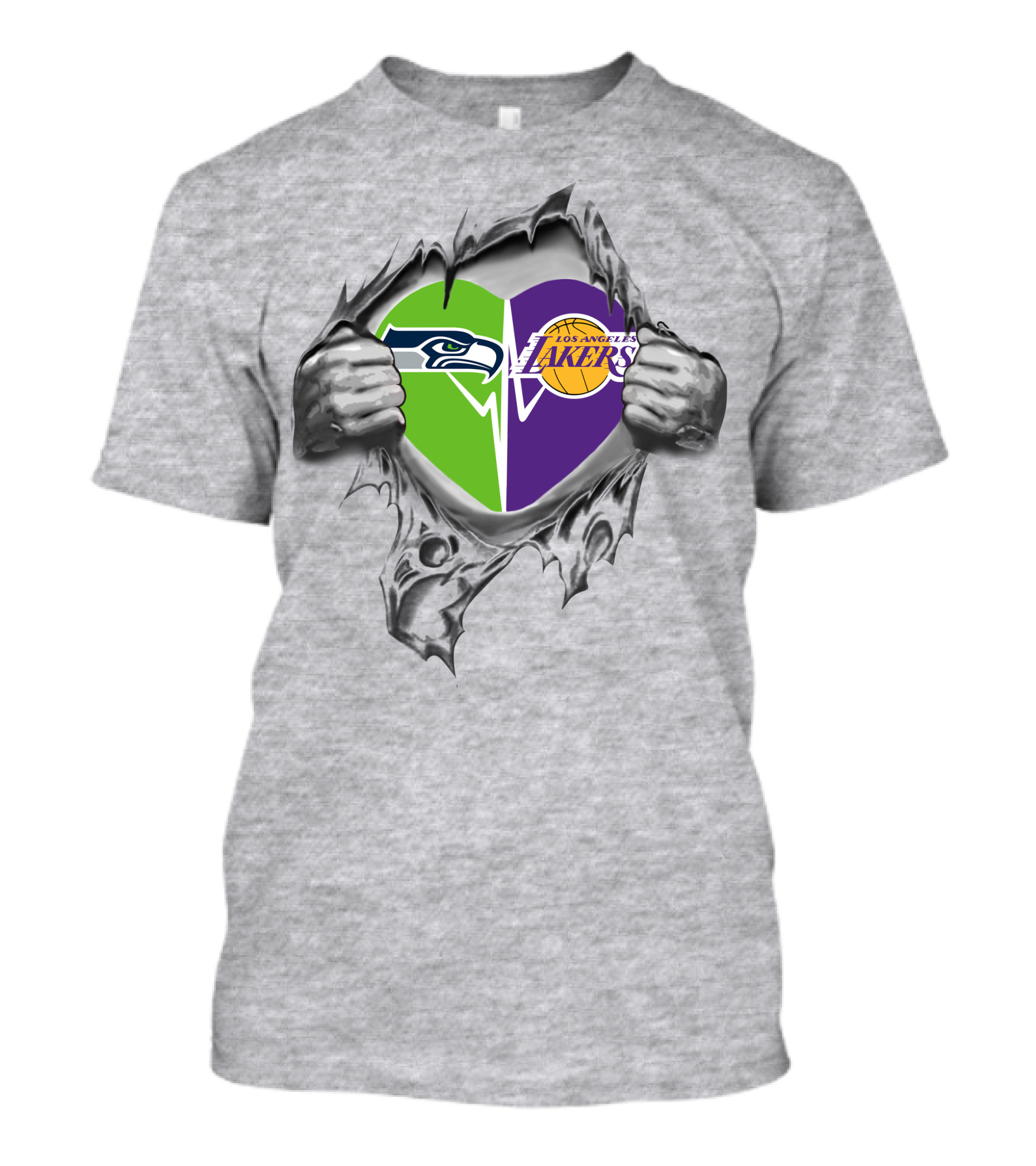 Seahawks Lakers Heart With Logos In Torn T-Shirt